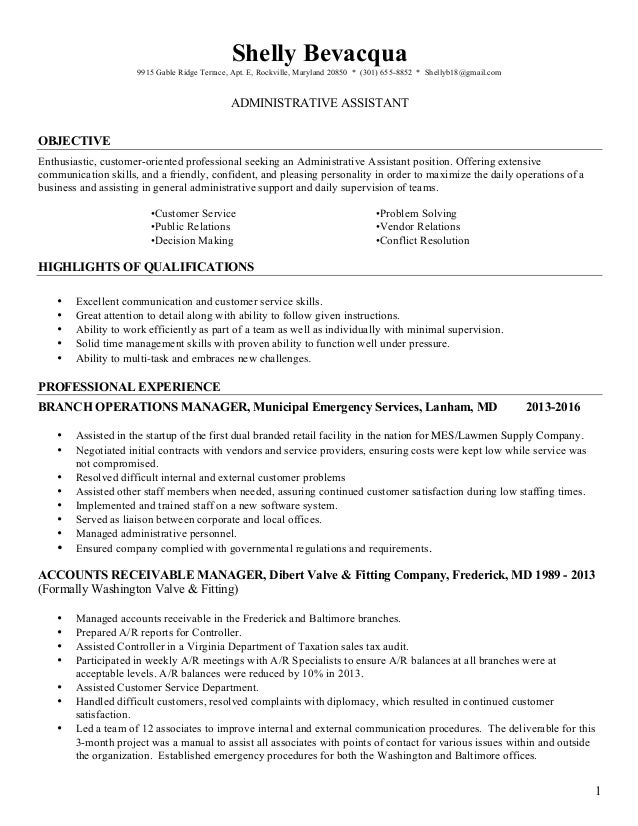 shelly bevacqua resume administrative assistant