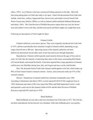 80
others, 1981). Loy Fisheries is the lone commercial fishing operation in the lake. Most fish
harvesting taking place on Utah Lake today is for sport. Game fish documented from Utah Lake
include: white bass, walleye, largemouth bass, brown trout, and rainbow trout (Central Utah
Water Conservancy District, 2004c), as well as channel catfish and black bullhead (Heckmann
and others, 1981). The Utah Division of Wildlife Resources reports there are very few brown
trout and rainbow trout in the lake, and that more perch and black crappie are caught than trout.
Following are descriptions of Fish Caught for Sport
Channel Catfish
Channel catfish are a non-native species. They were originally introduced into Utah Lake
in 1911, and have periodically been restocked. Length of channel catfish, depending on age,
ranges from 64 mm to 489 mm. Spawning season of the channel catfish has not been
definitively determined, but possibly starts in late June and occurs through September.
Reproduction: Channel catfish typically reach maturity between the ages of four and six
years. In Utah Lake the majority of spawning takes place in the waters surrounding Bird Island,
off Lincoln Beach, and around the Knolls. It has been reported that a large population of channel
catfish move into Mud Bay during June, July, and August and move out by mid-October.
Diet: The dominant food of Utah Lake channel catfish appears to be fish, which makes up
90% of food volume found in stomach contents. Insects, and crustaceans make up 4-5% of the
stomach contents.
Harvest: Populations of channel catfish have declined considerably since 1960.
According to Heckmann and others (1981), Lawler reported 0.40-0.45 fish caught per hour in
1958. Heckmann and others (1981) also report that White and Dabb duplicated Lawler’s work
and reported a catch rate for the channel catfish of 0.03 and the State Division of Wildlife
Resources reported 0.05 catch rate in 1970.
Black Bullhead
Black bullheads are non-native and were introduced into Utah Lake in 1871. This fish has
not been reintroduced, but has become very abundant. Utah Lake bullheads grow very quickly,
 