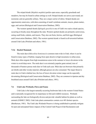89
The striped skunk (Mephitis mephitis) prefers open areas, especially grasslands and
meadows, but may be found in urban settings as well. Striped skunks are active year-round, are
nocturnal, and are generally solitary. They are a major carrier of rabies. Striped skunks are
opportunistic omnivores, with diets consisting of small vertebrate animals, insects, plants matter,
eggs, and carrion (Biological and Conservation Database, 2002).
The western spotted skunk (Spilogale gracilis) is one of Utah's two native skunk species,
occurring in brushy areas throughout the state. Western spotted skunks are primarily carnivorous,
eating small birds, rodents, and insects. They also eat fruits, berries, and bird eggs (Biological
and Conservation Database, 2002). The western spotted skunk is found in all terrestrial habitats
around Utah Lake (Pritchett and others, 1981).
7.5.6 Hoofed Mammals
The mule deer (Odocoileus hemionus) is common state-wide in Utah, where it can be
found in many types of habitat, ranging from open deserts to high mountains to urban areas.
Mule deer often migrate from high mountainous areas in the summer to lower elevations in the
winter to avoid deep snow. The mule deer is an extremely popular game animal; tens of
thousands of hunters pursue mule deer in Utah each year. Mule deer are browsers that primarily
eat shrubs and other woody material, although grasses are also consumed. The major threat to
mule deer in Utah is habitat loss; the loss of lower elevation winter range can be especially
devastating (Biological and Conservation Database, 2002). They are common in riparian and dry
brushland areas around Utah Lake (Pritchett and others, 1981).
7.6 Utah Lake Wetlands, Flora and Fauna
Utah Lake is the largest naturally occurring freshwater lake in the western United States
and is nationally recognized for its importance to fish and wildlife resources. Wetlands
surrounding the lake are biologically diverse and provide valuable habitat for plants as well as
animals (URMCC 2002). Utah Lake plant communities contain over 483 distinct species
(Brotherson, 1981). The Utah Lake Wetlands Preserve is being established to partially mitigate
for past and anticipated future impacts of the Central Utah Project (Utah Reclamation and
 
