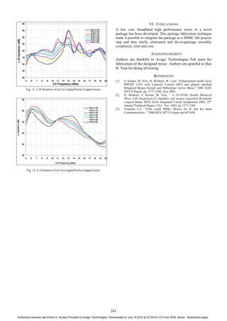 Fig. 11 L-R Isolation of an Un-Capped/GaAs-Capped mixer
30
35
40
45
50
55
5 6 7 8 9 10 11 12 13 14 15 16 17 18 19 20
LO Frequency (GHz)
L-IIsolation(dB)
Plo=+10
Plo=+12
Plo=+14
Plo=+16
Plo=+18
Plo=+20
Plo=+22
Fig. 12 L-I Isolation of an Un-Capped/GaAs-Capped mixer
VI. CONCLUSIONS
A low cost, broadband high performance mixer in a novel
package has been developed. This package fabrication technique
made it possible to integrate the package as a MMIC fab process
step and thus totally eliminated and die-to-package assembly
complexity, time and cost.
ACKNOWLEDGMENT
Authors are thankful to Avago Technologies Fab team for
fabrication of the designed mixer. Authors are grateful to Hue
B. Tran for doing all testing.
REFERENCES
[1] S. Kumar, M. Vice, H. Morkner, W. Lam, “Enhancement mode GaAs
PHEMT LNA with Linearity Control (IP3) and phased matched
Mitigated Bypass Switch and Differential Active Mixer,” 2003 IEEE
MTT-S Digest, pp. 1577-1580, June 2003.
[2] H. Morkner, S. Kumar, M. Vice, “ A 18-45GHz Double Balanced
Mixer with Integrated LO Amplifier and unique suspended Broadside
coupled Balun, IEEE GaAs Integrated Circuit Symposium 2003, 25th
Annual Technical Digest, USA, Nov. 2003, pp 1577-1580.
[3] Trantella C.J., “Ultra small MMIc Mixers for K and Ka band
Communications .” 2000 IEEE MTT-S digest pp 647-650.
20
25
30
35
40
45
50
55
60
5 6 7 8 9 10 11 12 13 14 15 16 17 18 19 20
LO Frequency (GHz)
L-RIsolation(dB)
Plo=+10
Plo=+12
Plo=+14
Plo=+16
Plo=+18
Plo=+20
Plo=+22
241
Authorized licensed use limited to: Access Provided by Avago Technologies. Downloaded on July 14,2010 at 23:35:43 UTC from IEEE Xplore. Restrictions apply.
 