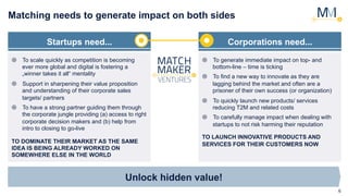 6
Matching needs to generate impact on both sides
Startups need...
Unlock hidden value!
Corporations need...
¤  To generate immediate impact on top- and
bottom-line – time is ticking
¤  To find a new way to innovate as they are
lagging behind the market and often are a
prisoner of their own success (or organization)
¤  To quickly launch new products/ services
reducing T2M and related costs
¤  To carefully manage impact when dealing with
startups to not risk harming their reputation
TO LAUNCH INNOVATIVE PRODUCTS AND
SERVICES FOR THEIR CUSTOMERS NOW
¤  To scale quickly as competition is becoming
ever more global and digital is fostering a
„winner takes it all“ mentality
¤  Support in sharpening their value proposition
and understanding of their corporate sales
targets/ partners
¤  To have a strong partner guiding them through
the corporate jungle providing (a) access to right
corporate decision makers and (b) help from
intro to closing to go-live
TO DOMINATE THEIR MARKET AS THE SAME
IDEA IS BEING ALREADY WORKED ON
SOMEWHERE ELSE IN THE WORLD
 