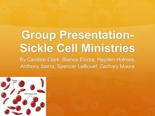 Group Presentation-
Sickle Cell Ministries
By Candice Clark, Bianca Elorza, Hayden Holmes,
Anthony Ibarra, Spencer LeBouef, Zachary Moore
 
