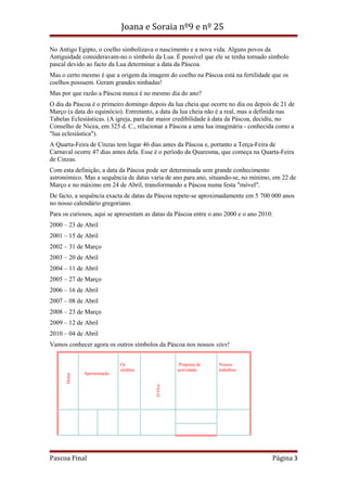Joana e Soraia nº9 e nº 25
No Antigo Egipto, o coelho simbolizava o nascimento e a nova vida. Alguns povos da
Antiguidade consideravam-no o símbolo da Lua. É possível que ele se tenha tornado símbolo
pascal devido ao facto da Lua determinar a data da Páscoa.
Mas o certo mesmo é que a origem da imagem do coelho na Páscoa está na fertilidade que os
coelhos possuem. Geram grandes ninhadas!
Mas por que razão a Páscoa nunca é no mesmo dia do ano?
O dia da Páscoa é o primeiro domingo depois da lua cheia que ocorre no dia ou depois de 21 de
Março (a data do equinócio). Entretanto, a data da lua cheia não é a real, mas a definida nas
Tabelas Eclesiásticas. (A igreja, para dar maior credibilidade à data da Páscoa, decidiu, no
Conselho de Nicea, em 325 d. C., relacionar a Páscoa a uma lua imaginária - conhecida como a
"lua eclesiástica").
A Quarta-Feira de Cinzas tem lugar 46 dias antes da Páscoa e, portanto a Terça-Feira de
Carnaval ocorre 47 dias antes dela. Esse é o período da Quaresma, que começa na Quarta-Feira
de Cinzas.
Com esta definição, a data da Páscoa pode ser determinada sem grande conhecimento
astronómico. Mas a sequência de datas varia de ano para ano, situando-se, no mínimo, em 22 de
Março e no máximo em 24 de Abril, transformando a Páscoa numa festa "móvel".
De facto, a sequência exacta de datas da Páscoa repete-se aproximadamente em 5 700 000 anos
no nosso calendário gregoriano.
Para os curiosos, aqui se apresentam as datas da Páscoa entre o ano 2000 e o ano 2010:
2000 – 23 de Abril
2001 – 15 de Abril
2002 – 31 de Março
2003 – 20 de Abril
2004 – 11 de Abril
2005 – 27 de Março
2006 – 16 de Abril
2007 – 08 de Abril
2008 – 23 de Março
2009 – 12 de Abril
2010 – 04 de Abril

Apresentação

Os
símblos

Proposta de
actividade

Nossos
trabalhos

O Ovo

Home

Vamos conhecer agora os outros símbolos da Páscoa nos nossos sites!

Pascoa Final

Página 3

 