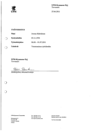 UPM Tervasaari Ty todistus 2011 PDF