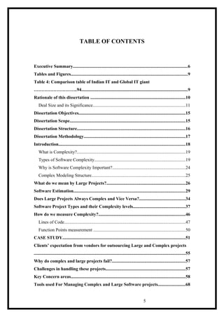 TABLE OF CONTENTS
Executive Summary.....................................................................................................6
Tables and Figures.......................................................................................................9
Table 4: Comparison table of Indian IT and Global IT giant
………………………..94..............................................................................................9
Rationale of this dissertation ....................................................................................10
Deal Size and its Significance..................................................................................11
Dissertation Objectives..............................................................................................15
Dissertation Scope......................................................................................................15
Dissertation Structure................................................................................................16
Dissertation Methodology..........................................................................................17
Introduction................................................................................................................18
What is Complexity?................................................................................................19
Types of Software Complexity................................................................................19
Why is Software Complexity Important?................................................................24
Complex Modeling Structure...................................................................................25
What do we mean by Large Projects?......................................................................26
Software Estimation...................................................................................................29
Does Large Projects Always Complex and Vice Versa?.........................................34
Software Project Types and their Complexity levels..............................................37
How do we measure Complexity?.............................................................................46
Lines of Code...........................................................................................................47
Function Points measurement .................................................................................50
CASE STUDY.............................................................................................................51
Clients’ expectation from vendors for outsourcing Large and Complex projects
......................................................................................................................................55
Why do complex and large projects fail?.................................................................57
Challenges in handling these projects......................................................................57
Key Concern areas.....................................................................................................58
Tools used For Managing Complex and Large Software projects........................68
5
 