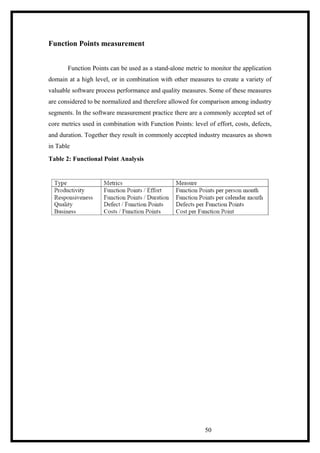 Function Points measurement
Function Points can be used as a stand-alone metric to monitor the application
domain at a high level, or in combination with other measures to create a variety of
valuable software process performance and quality measures. Some of these measures
are considered to be normalized and therefore allowed for comparison among industry
segments. In the software measurement practice there are a commonly accepted set of
core metrics used in combination with Function Points: level of effort, costs, defects,
and duration. Together they result in commonly accepted industry measures as shown
in Table
Table 2: Functional Point Analysis
50
 