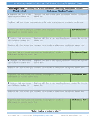 MANASEGEOFREY - +255 785 65 2949. geofreymanase9@gmail.com DESIGNED SEPTEMBER 21, 2015 3
NAME OF THE COMPANY – ANNUAL PERFORMANCE APPRAISAL (REVIEW) FORM
“Failure to plan, is to plan to failure”
Needs Improvement Frequently fails to meet expectations. Immediately improvement is needed.
Objectives/Goals Performance Standards/Measures
1. Employee click here to enter
agreed objective number one.
Employee click here to enter agreed performance standard for objective
number one.
Employee click here to enter your comments on the results or achievements on objective number one.
Supervisor click here to enter your comments about employee’s results or
achievements on objective number one.
-Performance Rate-
2. Employee click here to enter
agreed objective number two.
Employee click here to enter agreed performance standard for objective
number two.
Employee click here to enter your comments on the results or achievements on objective number two.
Supervisor click here to enter your comments about employee’s results or
achievements on objective number two.
-Performance Rate-
3. Employee click here to enter
agreed objective number three.
Employee click here to enter agreed performance standard for objective
number three.
Employee click here to enter your comments on the results or achievements on objective number three.
Supervisor click here to enter your comments about employee’s results or
achievements on objective number three.
-Performance Rate-
4. Employee click here to enter
agreed objective number four.
Employee click here to enter agreed performance standard for objective
number four.
Employee click here to enter your comments on the results or achievements on objective number four.
Supervisor click here to enter your comments about employee’s results or
achievements on objective number four.
-Performance Rate-
 
