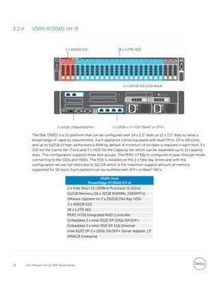 19 Dell VMware Virtual SAN Ready Nodes
3.2.4 VSRN R730XD HY-8
The Dell 730XD is a 2U platform that can be configured with 24 x 2.5” disks or 12 x 3.5” disks to serve a
broad range of capacity requirements. Each appliance comes equipped with dual CPUs, 10 to 20 cores,
and up to 512GB of high-performance RAM by default. A minimum of six disks is required in each host, 3 x
SSD for the Cache tier (Tier1) and 3 x HDD for the Capacity tier which can be expanded up to 21 capacity
disks. This configuration supports three disk groups. The PERC H730p is configured in pass-through mode
connecting to the SSDs and HDDs. The ESXi is installed on the 2 x Flexi bay drives and with this
configuration we are not restricted to 512 GB which is the maximum support amount of memory
supported for SD boot. Each platform can be outfitted with SFP+ or BaseT NICs.
VSRN Host
PowerEdge R730XD HY-8
2 x Intel Xeon E5-2698v4 Processor (2.2Ghz)
512GB Memory (16 x 32GB RDIMMs, 2400MT/s)
VMware vSphere on 2 x 250GB Flex Bay HDD
3 x 400GB SSD
18 x 1.2TB SAS
PERC H730 Integrated RAID Controller
Embedded 2 x Intel X520 DP 10Gb DA/SFP+
Embedded 2 x Intel I350 DP 1Gb Ethernet
Intel X520 DP 2 x 10Gb DA/SFP+ Server Adapter, LP
iDRAC8 Enterprise
 