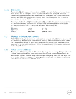 53 Dell VMware Virtual SAN Ready Nodes
5.1.2.1 DNS for SQL
To access the SQL data sources, either directly or via ODBC, a connection to the server name instance
name must be used. To simplify this process, as well as protect for future scaling (HA), instead of
connecting to server names directly, alias these connections in the form of DNS CNAMEs. So instead of
connecting to SQLServer1<instance name> for every device that needs access to SQL, the preferred
approach is to connect to <CNAME><instance name>.
For example, the CNAME “VDISQL” is created to point to SQLServer1. If a failure scenario was to occur and
SQLServer2 would need to start serving data, we would simply change the CNAME in DNS to point to
SQLServer2. No infrastructure SQL client connections would need to be touched.
5.2 Storage Architecture Overview
All Dell VSRN Hybrid appliances come with two tiers of local storage by default, SSD for performance and
HDD for capacity. These diskgroups need a minimum of 1 x SSD and 1 x HDD per diskgroup and with the
Dell VSRN appliances we offer the option of one or two diskgroup configurations. These local storage
diskgroups are configured into one Software Defined Storage pool via VSAN which are shared across all
hosts in the VSRN Cluster
5.2.1 Virtual SAN Local Storage
To enable Virtual SAN, simply select the Datacenter in vSphere, go to menu Manage, Settings and General.
Click Edit button and select Turn ON Virtual SAN. There are two modes when configuring Virtual SAN:
automatic and manual. If you setup Virtual SAN in automatic mode then all empty local disks will be used
in the creation of the shared data store. If you configure it in manual mode then you can manually select
which disks to use in the creation of the data store.
 