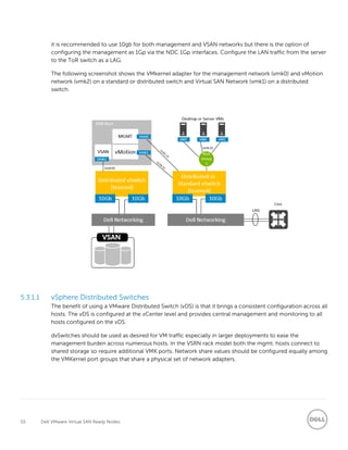 55 Dell VMware Virtual SAN Ready Nodes
it is recommended to use 10gb for both management and VSAN networks but there is the option of
configuring the management as 1Gp via the NDC 1Gp interfaces. Configure the LAN traffic from the server
to the ToR switch as a LAG.
The following screenshot shows the VMkernel adapter for the management network (vmk0) and vMotion
network (vmk2) on a standard or distributed switch and Virtual SAN Network (vmk1) on a distributed
switch.
5.3.1.1 vSphere Distributed Switches
The benefit of using a VMware Distributed Switch (vDS) is that it brings a consistent configuration across all
hosts. The vDS is configured at the vCenter level and provides central management and monitoring to all
hosts configured on the vDS.
dvSwitches should be used as desired for VM traffic especially in larger deployments to ease the
management burden across numerous hosts. In the VSRN rack model both the mgmt. hosts connect to
shared storage so require additional VMK ports. Network share values should be configured equally among
the VMKernel port groups that share a physical set of network adapters.
 