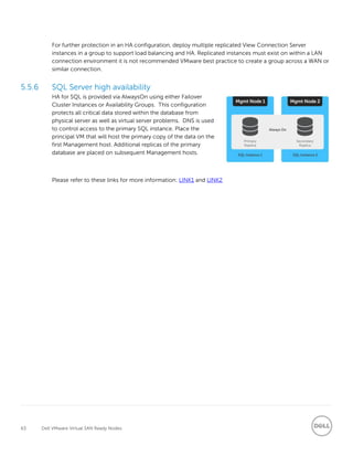 63 Dell VMware Virtual SAN Ready Nodes
For further protection in an HA configuration, deploy multiple replicated View Connection Server
instances in a group to support load balancing and HA. Replicated instances must exist on within a LAN
connection environment it is not recommended VMware best practice to create a group across a WAN or
similar connection.
5.5.6 SQL Server high availability
HA for SQL is provided via AlwaysOn using either Failover
Cluster Instances or Availability Groups. This configuration
protects all critical data stored within the database from
physical server as well as virtual server problems. DNS is used
to control access to the primary SQL instance. Place the
principal VM that will host the primary copy of the data on the
first Management host. Additional replicas of the primary
database are placed on subsequent Management hosts.
Please refer to these links for more information: LINK1 and LINK2
 