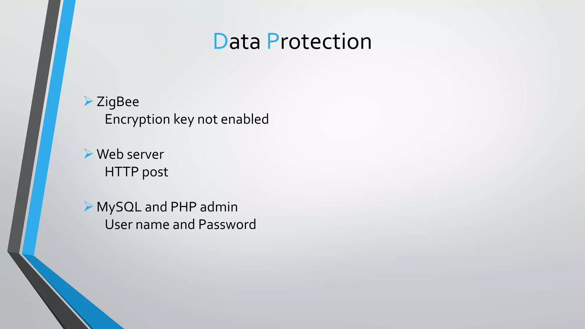 Data Protection
ZigBee
Encryption key not enabled
Web server
HTTP post
MySQL and PHP admin
User name and Password
 