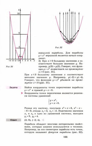 Рис. 32
вершиной параболы. Для параболы
у = х 2 вершиной является начало коор-
^ динат.
х 3) При х > 0 большему значению х со­
ответствует большее значение у. На­
пример, 1/(3) > 1/(2). Говорят, что функ­
ция и = х 2 возрастает на промежутке
х > 0 (рис. 31).
При х < 0 большему значению х соответствует
меньшее значение у. Например, у ( - 2 ) < у ( - 4).
Говорят, что функция у = х 2 убывает на проме­
жутке х < 0 (рис. 31).
Найти координаты точек пересечения параболы
у = х 2 и прямой у = х + 6.
► Координаты точки пересечения являются решени­
ем системы уравнений
Ь = * 2,
у = х + 6.
Решая эту систему, получаем х 2= х + 6, х 2- х -
- 6 = 0, откуда х1= 3, хг = - 2 . Подставляя значения
х г и х 2 в одно из уравнений системы, находим
1/1= 9, 1/2= 4.
Ответ (3; 9), (-2 ; 4). О
Парабола обладает многими интересными свойст­
вами, которые широко используются в технике.
Например, на оси симметрии параболы есть точка,
которую называют фокусом параболы (рис. 32).
Рис. 31
Задача
155
 