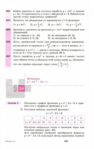 603 Найти значение /г, при котором парабола у = - 5 х 2 и прямая
у = кх + 6 пересекаются в точке с абсциссой х = 2. Имеются ли
другие точки пересечения графиков?
6 0 4 Является ли убывающей на промежутке х < 0 функция:
1) у = 4 х 2; 2) у =  х 2-, 3) у = - 5 х 2; 4) у = -  х 2?
4 5
6 0 5 Выяснить, является ли функция у = - 2 х 2 возрастающей или
убывающей:
1) на отрезке [-4 ; -2 ]; 2) на интервале (3; 5);
3) на отрезке [-5 ; 0]; 4) на интервале (-3 ; 2).
6 0 6 Путь, пройденный телом при равноускоренном движении,
, а<2
вычисляется по формуле в = гДе в — путь в метрах, а —
ускорение в м/с2, * — время в секундах. Найти ускорение а,
если за 8 с тело прошло путь, равный 96 м.
6 0 7 Пусть парабола у = ах2 и прямая у = к х + Ь имеют только
одну общую точку и абсцисса этой точки равна х0. Доказать,
Функция
у = ах 2+ Ъх + с
1 3 8
■
Задача 1 Построить график функции г/= х 2- 2 х + 3 и срав­
нить его с графиком функции у = х 2.
► Составим таблицу значений функции
у = х 2- 2 х + 3:
X -3 -2 -1 0 1 2 3
у = х г - 2 х + 3 18 11 6 3 2 3 6
Построим найденные точки и проведем через них
плавную кривую (рис. 40).
Для сравнения графиков преобразуем формулу
у = х 2- 2 х + 3, используя метод выделения полного
6 Алимов, 8 кл. 161
 