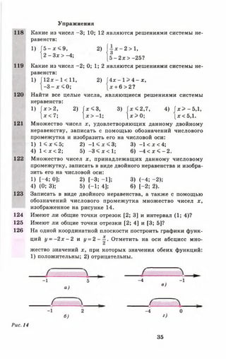 Упражнения
118 Какие из чисел -3 ; 10; 12 являются решениями системы не­
равенств:
1) Г 5 - * < 9 , 2) J—jc—2 > 1,
{ 2 - Зх > -4; | б - 2 х > -25?
119 Какие из чисел -2 ; 0; 1; 2 являются решениями системы не­
равенств:
1) /12л:- 1 < 11, 2)  4 х - 1 > 4 - х ,Г 1 2 jc - 1 < 1 1 ,
j - 3 - x < 0 ; х + 6 > 2?
120 Найти все целые числа, являющиеся решениями системы
неравенств:
1) [ х > 2 , 2) | х < 3 , 3) < 2,7, 4) ( х > - 5 , 1 ,
[ х < 7 ; { х > - 1 ; д: > 0; [ х<5,1.
121 Множество чисел х, удовлетворяющих данному двойному
неравенству, записать с помощью обозначений числового
промежутка и изобразить его на числовой оси:
1) 1 < х < 5 ; 2) - 1 < х < 3 ; 3) - 1 < х <4;
4) 1 < х < 2 ; 5) - 3 < х < 1 ; 6) - 4 < х < - 2 .
122 Множество чисел х, принадлежащих данному числовому
промежутку, записать в виде двойного неравенства и изобра­
зить его на числовой оси:
1) [-4 ; 0]; 2) [-3 ; -1 ]; 3) (-4 ; -2 );
4) (0; 3); 5) (-1 ; 4]; 6) [-2 ; 2).
123 Записать в виде двойного неравенства, а также с помощью
обозначений числового промежутка множество чисел х,
изображенное на рисунке 14.
124 Имеют ли общие точки отрезок [2; 3] и интервал (1; 4)?
125 Имеют ли общие точки отрезки [2; 4] и [3; 5]?
126 На одной координатной плоскости построить графики функ­
ций у - - 2 х - 2 и у = 2 - ^ . Отметить на оси абсцисс мно­
жество значений х, при которых значения обеих функций:
1) положительны; 2) отрицательны.
а)
-1 5 -4 -1
в)
- 1 2 -4 0
б) г )
Рис. 14
35
 