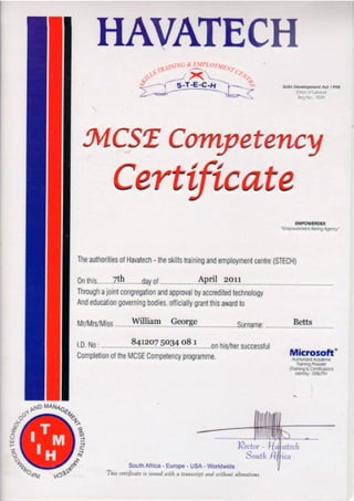 MCSE Competancy Certificate