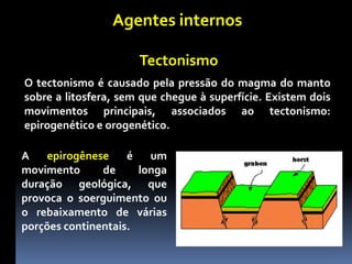 Agentes internos
Tectonismo
O tectonismo é causado pela pressão do magma do manto
sobre a litosfera, sem que chegue à superfície. Existem dois
movimentos principais, associados ao tectonismo:
epirogenético e orogenético.
A epirogênese é um
movimento de longa
duração geológica, que
provoca o soerguimento ou
o rebaixamento de várias
porções continentais.
 