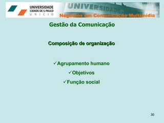 Negócios em Comunicação Multimídia Negócios em Comunicação Multimídia Gestão da Comunicação Agrupamento humano Objetivos Função social Composição de organização 