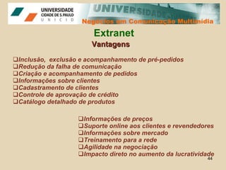 Negócios em Comunicação Multimídia Negócios em Comunicação Multimídia Extranet Inclusão,  exclusão e acompanhamento de pré-pedidos Redução da falha de comunicação Criação e acompanhamento de pedidos Informações sobre clientes Cadastramento de clientes Controle de aprovação de crédito Catálogo detalhado de produtos Informações de preços Suporte online aos clientes e revendedores Informações sobre mercado Treinamento para a rede  Agilidade na negociação Impacto direto no aumento da lucratividade Vantagens 
