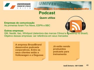 Negócios em Comunicação Multimídia Negócios em Comunicação Multimídia Podcast Quem utiliza IstoÉ Dinheiro - 09/11/2005   A empresa BroadBrand desenvolve podcasts corporativos. Entre os seus clientes estão a Volkswagen e a Degussa Já estão sendo produzidos podcasts para treinamento Empresas de comunicação As primeiras foram Fox News, ESPN e BBC Outras empresas GM, Nestlè, Itaú, Whirlpool (detentora das marcas Cônsul e Brastemp no Brasil). Objetivo dessas empresas: ser referência em seus mercados 