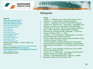 Negócios em Comunicação Multimídia Negócios em Comunicação Multimídia Internet www.educacional.com.br www.ecommerce.org.br www.mercadolivre.com.br www.sprinxcrmstart.com www.bluesender.com www.cgt.com www.isicom.pt www.ssw.com.au www.strategies.com.br www.fileflash.com www.static.rbytes.net www.ogm.com.br www.indmedica.com Revista Isto É Dinheiro – De 9/11/2005 e de 02/abr/2008  http://www.comtexto.com.br/convicomartigotiagomainieri.htm Governo do Paraná  www.pr.gov.br/   http://imasters.uol.com.br/artigo/3761/intranets/conceituando_intranet www.malima.com.br www.giraffas.com.br Livros : - Kotler, P. - Marketing para o século XXI. Editora Futura - Albertin, A.L. Editora Atlas, Comércio Eletrônico.  - Rocha, I. - Soluções em Internet. Editora Book Express - Kalakota, R; Robinson, M. – e-Business – estratégias para alcançar o sucesso no mundo digital. Editora Bookman - Herschmann, M. (Org.) ; Pereira, Carlos Alberto Messeder (Org.) . Mídia, Memória & Celebridades. Estratégias narrativas em contextos de alta visibilidade. 1. ed. Rio de Janeiro: E-Papers, 2003. v. 1. 206 p. - Halliday, T. L. Comunicação e Organizações no processo de desenvolvimento. Editora vozes1975 - Bueno, Wilson da Costa. Comunicação empresarial: teoria e pesquisa. Barueri: Manole, 2003.  - Kunsch, Margarida. Gestão integrada da comunicação organizacional e os desafios da sociedade contemporânea. Comunicação & Sociedade. nº 32, São Bernardo do Campo, 1999. - Clemen, P. Como Implantar uma Área de Comunicação Interna. Editora Mauad. 2005 - Franco Jr. C.F. e-Business – Tecnologia de Informação e Negócios Eletrônicos. Editora Atlas. 2002 - Román, F; Gonzáles-Mensones, F; Marinas, I. Mobile Marketing, editora Thomson Heinle. 2007 Bibliografia: 