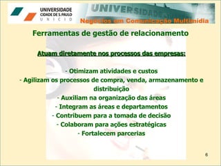 Negócios em Comunicação Multimídia Negócios em Comunicação Multimídia Ferramentas de gestão de relacionamento Atuam diretamente nos processos das empresas: Otimizam atividades e custos Agilizam os processos de compra, venda, armazenamento e distribuição Auxiliam na organização das áreas Integram as áreas e departamentos Contribuem para a tomada de decisão Colaboram para ações estratégicas Fortalecem parcerias 