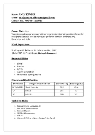 Name: ANUJ KUMAR
Email: anujkumarmadhepura@gmail.com
Contact No.: +91-9871630926
Career Objective
To explore and secure a career with an organization that will provide a forum for
both professional as well as individual growth in terms of enhancing my
Knowledge and skills.
WorkExperience
Working with Reliance Jio Infocomm Ltd. (RJIL)
(July 2015 to Present as a Network Engineer)
Responsibilities
 SMPS
 Router
 B.T.S
 Alarm Simulation
 Microwave configuration
Educational Qualification
Qualification College/University / Board Year of Passing Percentage (%)
B. Tech (EEE) Sharda University. 2015 62.06
12th
B.S.E.B 2011 62
10th
B.S.E.B. 2009 67
Technical Skills
1. Programming Language: C
2. PLC and SCADA automation
3. Embedded System
4. MATLAB Programming
5. PSCAD
6. Microsoft Office – Word, PowerPoint, Excel
 