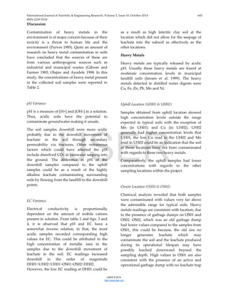 International Journal of Scientific & Engineering Research, Volume 5, Issue 10, October-2014 645
ISSN 2229-5518
IJSER © 2014
http://www.ijser.org
Discussion
Contamination of heavy metals in the
environment is of major concern because of their
toxicity is a threat to human life and the
environment (Purves 1985). Quite an amount of
research on heavy metal contamination in soils
have concluded that the sources of these are
from various anthropogenic sources such as
industrial and municipal wastes (Gibson and
Farmer 1983; Olajire and Ayodele 1998. In this
study, the concentrations of heavy metal present
in the collected soil samples were reported in
Table 2.
pH Variance
pH is a measure of [H+] and [OH-] in a solution.
Thus, acidic soils have the potential to
contaminate groundwater making it unsafe.
The soil samples downhill were more acidic
probably due to the downhill movement of
leachate in the soil through secondary
permeability via fractures. Other extraneous
factors which could have affected the pH
include dissolved CO2 in rainwater seeping into
the ground. The difference in pH of the
downhill samples compared to the uphill
samples could be as a result of the highly
alkaline leachate contaminating surrounding
soils by flowing from the landfill to the downhill
points.
EC Variance.
Electrical conductivity is proportionally
dependent on the amount of mobile cations
present in solution. From table 1 and figs. 3 and
4, it is observed that pH and EC have a
somewhat inverse relation, in that, the most
acidic samples recorded corresponding high
values for EC. This could be attributed to the
high concentration of metallic ions in the
samples due to the downhill movement of
leachate in the soil. EC readings increased
downhill in the order of magnitude
DH01˃UH02˃UH01˃OS01˃OS02˃DH02.
However, the low EC reading at DH01 could be
as a result as high lateritic clay soil at the
location which did not allow for the seepage of
leachate into the subsoil as effectively as the
other locations.
Heavy Metals
Heavy metals are typically released by acidic
pH. Usually these heavy metals are found at
moderate concentration levels in municipal
landfill soils (Jensen et al. 1999). The heavy
metals detected in distilled water digests were
Cu, Fe, Zn, Pb, Mn and Ni.
Uphill Location (UH01 & UH02)
Samples obtained from uphill location showed
high concentration levels outside the range
expected in typical soils with the exception of
Mn (in UH01) and Cu (in UH02). UH02
generally had higher concentration levels that
UH01, the low Cu read in the UH02 and Mn
read in UH02 could be an indication that the soil
at those locations have not been contaminated
with regards to these two heavy metals.
Comparatively, the uphill samples had lower
concentrations with regards to the other
sampling locations within the project.
Onsite Location (OS01 & OS02)
Chemical analysis revealed that both samples
were contaminated with values very far above
the admissible range for typical soils. Heavy
metals readings are consistent with location, due
to the presence of garbage dumps on OS01 and
OS02. OS02, which was an old garbage dump
had lower values compared to the samples from
OS01, this could be because, the old sire no
longer generates leachate which may
contaminate the soil and the leachate produced
during its operational lifespan may have
possibly leached downward beyond the
sampling depth. High values in OS01 are also
consistent with the presence of an active and
operational garbage dump with no leachate trap
IJSER
 