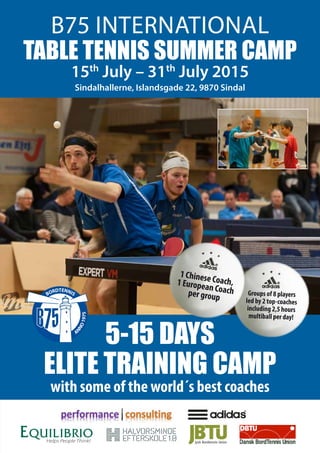 B75 International 
Table Tennis summer camp 
15th July – 31th July 2015 
Sindalhallerne, Islandsgade 22, 9870 Sindal 
1 Chinese Coach, 
1 European Coach 
per group 
5-15 days 
Groups of 8 players 
led by 2 top-coaches 
including 2,5 hours 
multiball per day! 
elite training camp 
with some of the world´s best coaches 
Helps People Think! 
Jysk Bordtennis Union 
 