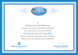 To
Sajikumar Punathil Sukumaran
In appreciation of your outstanding contribution
to the organisation, you are awarded the
Technical Excellence(17-Aug-2016)
You are an inspiring role model to your colleagues.
Thank you for your dedication and commitment.
 