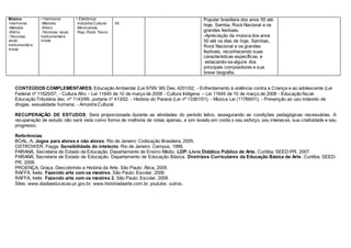 Música:
-Harmonia
-Melodia
-Ritmo
-Técnicas:
vocal,
instrumental e
mista
• Harmonia
-Melodia
-Ritmo
-Técnicas:vocal,
instrumental e
mista
• Eletrônica
-Indústria Cultural
-Minimalista
-Rap, Rock, Tecno
05
Popular brasileira dos anos 50 até
hoje, Samba, Rock Nacional e os
grandes festivais.
-Apreciação da música dos anos
50 até os dias de hoje, Sambas,
Rock Nacional e os grandes
festivais, reconhecendo suas
características específicas, e
estacando-se alguns dos
principais compositores e sua
breve biografia.
CONTEÚDOS COMPLEMENTARES: Educação Ambiental (Lei 9795/ 99) Des. 4201/02; - Enfrentamento à violência contra a Criança e ao adolescente (Lei
Federal nº 11525/07; - Cultura Afro – Lei 11645 de 10 de março de 2008 - Cultura Indígena – Lei 11645 de 10 de março de 2008 - Educação fiscal-
Educação Tributária dec. nº 1143/99, portaria nº 413/02. - História do Paraná (Lei nº 13381/01); - Música Lei (11769/01); - Prevenção ao uso indevido de
drogas, sexualidade humana; - Amostra Cultural.
RECUPERAÇÃO DE ESTUDOS: Será proporcionada durante as atividades do período letivo, assegurando as condições pedagógicas necessárias. A
recuperação de estudo não será vista como forma de melhoria de notas apenas, e sim levado em conta o seu esforço, seu interesse, sua criatividade e seu
progresso.
Referências
BOAL, A. Jogos para atores e não atores. Rio de Janeiro: Civilização Brasileira, 2005.
OSTROWER, Fayga. Sensibilidade do intelecto. Rio de Janeiro: Campus, 1998.
PARANÁ, Secretaria de Estado da Educação. Departamento de Ensino Médio. LDP: Livro Didático Público de Arte. Curitiba: SEED-PR, 2007.
PARANÁ, Secretaria de Estado de Educação. Departamento de Educação Básica. Diretrizes Curriculares da Educação Básica de Arte. Curitiba: SEED-
PR, 2008.
PROENÇA, Graça. Descobrindo a História da Arte. São Paulo: Ática, 2005.
RAFFA, Ivete. Fazendo arte com os mestres. São Paulo: Escolar, 2006
RAFFA, Ivete. Fazendo arte com os mestres 2. São Paulo: Escolar, 2006
Sites: www.diadiaeducacao.pr.gov.br; www.históriadaarte.com.br; youtube; outros.
 