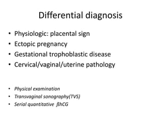 Differential diagnosis
• Physiologic: placental sign
• Ectopic pregnancy
• Gestational trophoblastic disease
• Cervical/vaginal/uterine pathology
• Physical examination
• Transvaginal sonography(TVS)
• Serial quantitative ßhCG
 