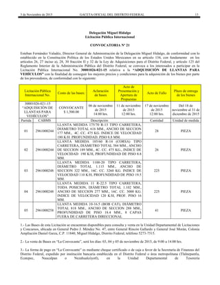 3 de Noviembre de 2015 GACETA OFICIAL DEL DISTRITO FEDERAL 13
Delegación Miguel Hidalgo
Licitación Pública Internacional
CONVOCATORIA Nº 21
Esteban Fernández Valadéz, Director General de Administración de la Delegación Miguel Hidalgo, de conformidad con lo
establecido en la Constitución Política de los Estados Unidos Mexicanos en su artículo 134, con fundamento en los
artículos 26, 27 inciso a), 28, 30 fracción II y 32 de la Ley de Adquisiciones para el Distrito Federal, y artículo 125 del
Reglamento Interior de la Administración Pública del Distrito Federal, se convoca a los interesados a participar en la
Licitación Pública Internacional No. 30001026-021-15 relativa a la “ADQUISICIÓN DE LLANTAS PARA
VEHÍCULOS” con la finalidad de conseguir los mejores precios y condiciones para la adquisición de los bienes por parte
de los proveedores, de conformidad con lo siguiente:
Licitación Pública
Internacional No.
Costo de las bases:
Aclaración
de bases
Acto de
Presentación y
Apertura de
Propuestas
Acto de Fallo
Plazo de entrega
de los bienes
30001026-021-15
“ADQUISICIÓN DE
LLANTAS PARA
VEHÍCULOS”
CONVOCANTE
$ 1,500.00
06 de noviembre
de 2015
14:00 hrs.
11 de noviembre
de 2015
12:00 hrs.
17 de noviembre
de 2015
12:00 hrs.
Del 18 de
noviembre al 31 de
diciembre de 2015
Partida CABMS Descripción Cantidad Unidad de medida
01 2961000244
LLANTA MEDIDA 175/70 R-13 TIPO CARRETERA,
DIÁMETRO TOTAL 616 MM., ANCHO DE SECCION
177 MM., 4C. CC. 475 KG. INDICE DE VELOCIDAD
180 K/H PROFUNDIDAD. PISO 8.8 MM.
28 PIEZA
02 2961000244
LLANTA MEDIDA 185/60 R-14 (CORSA) TIPO
CARRETERA, DIÁMETRO TOTAL 584 MM., ANCHO
DE SECCION 189 MM., 4C. CC. 475 KG., INDICE DE
VELOCIDAD 190 K/H, PROFUNDIDAD DE PISO 8.8
MM.
26 PIEZA
03 2961000248
LLANTA MEDIDA 1100-20 TIPO CARRETERA,
DIÁMETRO TOTAL 1.115 MM., ANCHO DE
SECCION 322 MM., 16C. CC. 3260 KG. INDICE DE
VELOCIDAD 110 K/H, PROFUNDIDAD DE PISO 19.5
MM.
225 PIEZA
04 2961000248
LLANTA MEDIDA 11 R-22.5 TIPO CARRETERA,
TODA POSICION, DIÁMETRO TOTAL 1.102 MM.,
ANCHO DE SECCION 277 MM., 16C. CC. 3000 KG.
INDICE DE VELOCIDAD 120 K/H, PROF. PISO 16
MM.
225 PIEZA
05 2961000258
LLANTA MEDIDA 10-16.5 (BOB CAT), DIÁMETRO
TOTAL 818 MM., ANCHO DE SECCION 288 MM.,
PROFUNDIDAD DE PISO 18.4 MM., 8 CAPAS
FUERA DE CARRETERA DIRECCIONAL
41 PIEZA
1.- Las Bases de esta Licitación se encuentran disponibles para consulta y venta en la Unidad Departamental de Licitaciones
y Concursos, ubicada en General Pedro J. Méndez No. 47, entre General Rincón Gallardo y General José Morán, Colonia
Ampliación Daniel Garza, C.P. 11840, Miguel Hidalgo, Distrito Federal, teléfono 5273-7515.
2.- La venta de Bases en “La Convocante”, será los días: 03, 04 y 05 de noviembre de 2015, de 9:00 a 14:00 hrs.
3.- La forma de pago en “La Convocante” es mediante cheque certificado o de caja a favor de la Secretaría de Finanzas del
Distrito Federal, expedido por institución bancaria establecida en el Distrito Federal o área metropolitana (Tlalnepantla,
Ecatepec, Naucalpan o Nezahualcóyotl), en la Unidad Departamental de Tesorería
 