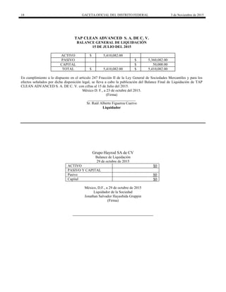 18 GACETA OFICIAL DEL DISTRITO FEDERAL 3 de Noviembre de 2015
TAP CLEAN ADVANCED S. A. DE C. V.
BALANCE GENERAL DE LIQUIDACIÓN
15 DE JULIO DEL 2015
ACTIVO $ 5,410,082.00
PASIVO $ 5,360,082.00
CAPITAL $ 50,000.00
TOTAL $ 5,410,082.00 $ 5,410,082.00
En cumplimiento a lo dispuesto en el artículo 247 Fracción II de la Ley General de Sociedades Mercantiles y para los
efectos señalados por dicha disposición legal, se lleva a cabo la publicación del Balance Final de Liquidación de TAP
CLEAN ADVANCED S. A. DE C. V. con cifras al 15 de Julio del 2015.
México D. F., a 23 de octubre del 2015.
(Firma)
__________________________
Sr. Raúl Alberto Figueroa Cuervo
Liquidador
Grupo Hayrod SA de CV
Balance de Liquidación
29 de octubre de 2015
ACTIVO $0
PASIVO Y CAPITAL
Pasivo S0
Capital $0
México, D.F., a 29 de octubre de 2015
Liquidador de la Sociedad
Jonathan Salvador Hayashida Grappin
(Firma)
 