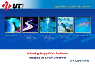 Achieving Supply Chain Resilience
 Managing the Known Unknowns
                                    24 November 2010
 