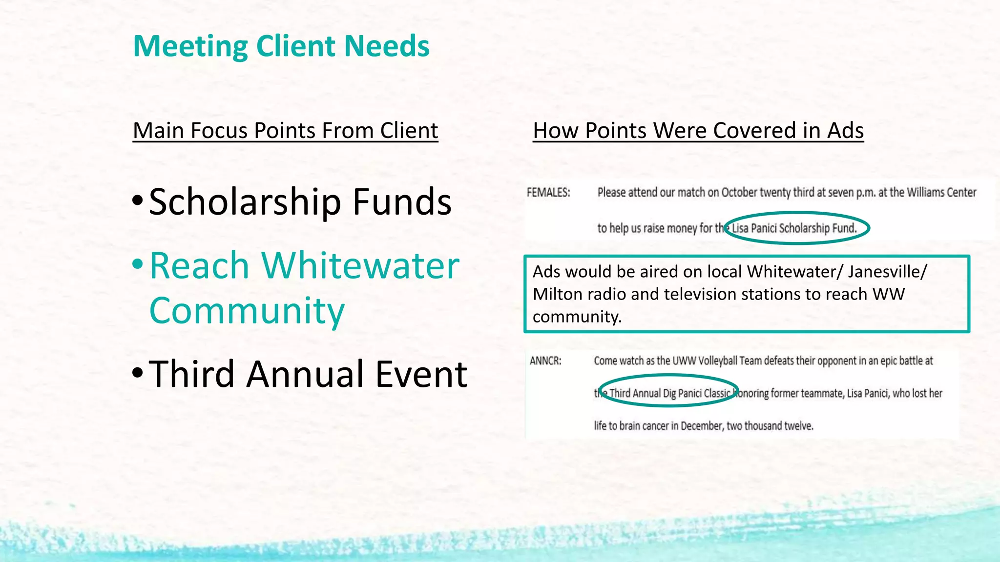 Meeting Client Needs
Main Focus Points From Client
•Scholarship Funds
•Reach Whitewater
Community
•Third Annual Event
How Points Were Covered in Ads
Ads would be aired on local Whitewater/ Janesville/
Milton radio and television stations to reach WW
community.
 