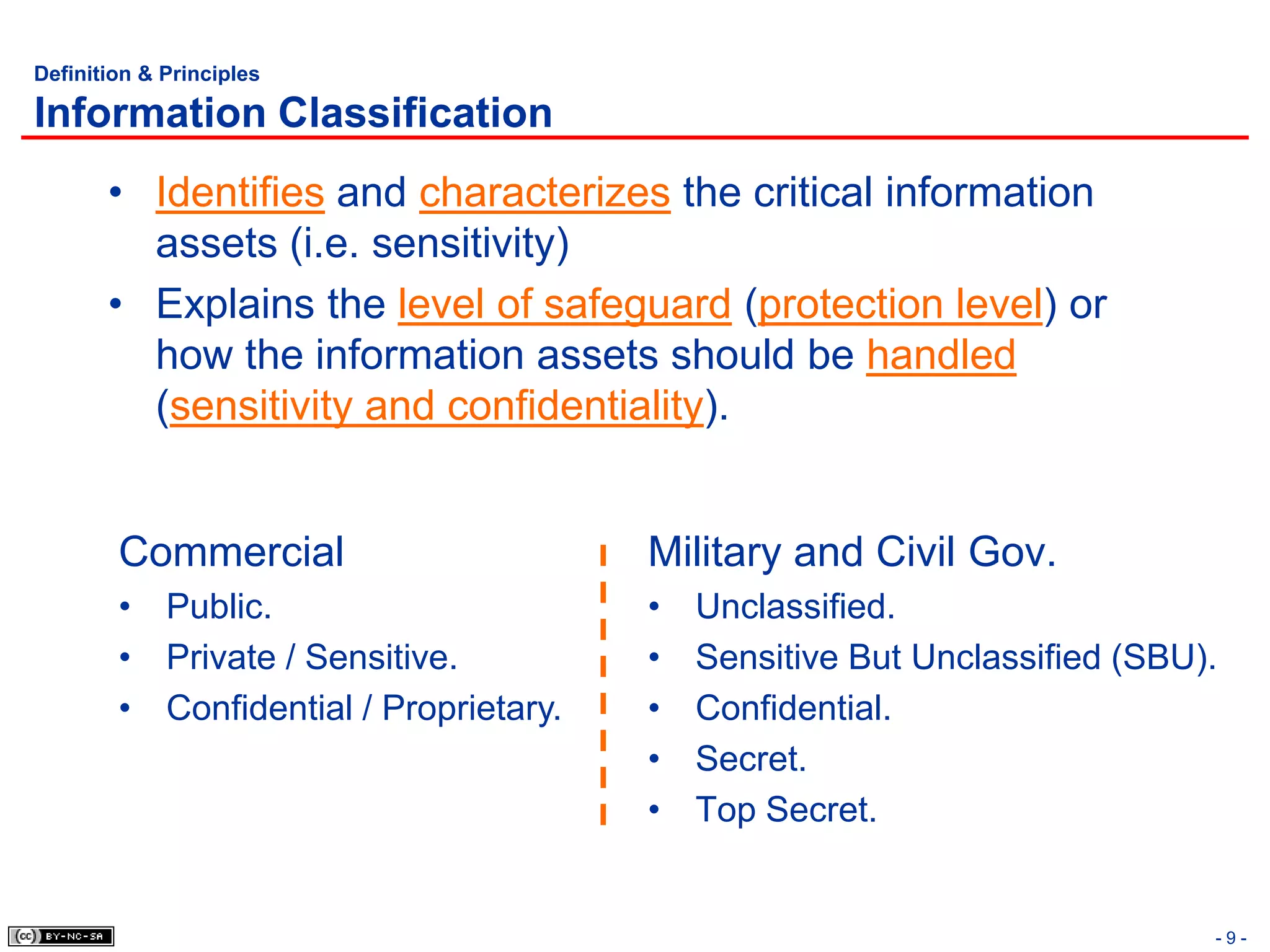 Definition & Principles

Information Classification
       • Identifies and characterizes the critical information
         assets (i.e. sensitivity)
       • Explains the level of safeguard (protection level) or
         how the information assets should be handled
         (sensitivity and confidentiality).


        Commercial                      Military and Civil Gov.
        • Public.                       •   Unclassified.
        • Private / Sensitive.          •   Sensitive But Unclassified (SBU).
        • Confidential / Proprietary.   •   Confidential.
                                        •   Secret.
                                        •   Top Secret.


                                                                            -9-
 