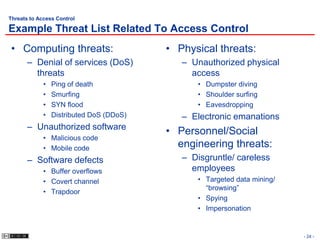 Threats to Access Control

Example Threat List Related To Access Control
 • Computing threats:                     • Physical threats:
       – Denial of services (DoS)            – Unauthorized physical
         threats                               access
             •   Ping of death                  • Dumpster diving
             •   Smurfing                       • Shoulder surfing
             •   SYN flood                      • Eavesdropping
             •   Distributed DoS (DDoS)      – Electronic emanations
       – Unauthorized software
                                          • Personnel/Social
             • Malicious code
             • Mobile code                  engineering threats:
       – Software defects                    – Disgruntle/ careless
             • Buffer overflows                employees
             • Covert channel                   • Targeted data mining/
                                                  “browsing”
             • Trapdoor
                                                • Spying
                                                • Impersonation


                                                                          - 24 -
 