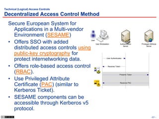 Technical (Logical) Access Controls

Decentralized Access Control Method
   Secure European System for
     Applications in a Multi-vendor
     Environment (SESAME)                                   `
   • Offers SSO with added               User

                                                User Workstation             Authentication   Privileged Attribute

     distributed access controls using                                          Server               Server



     public-key cryptography for
     protect internetworking data.                           User Authenticates



   • Offers role-based access control                           Receives Token


     (RBAC).                                                                 Presents Token

   • Use Privileged Attribute
                                                                             Receives PAC
     Certificate (PAC) (similar to
     Kerberos Ticket).
   • SESAME components can be
     accessible through Kerberos v5
     protocol.
                                                                                                          - 61 -
 