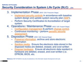 Definition & Principles

Security Consideration in System Life Cycle (SLC) …(2/2)
       3. Implementation Phase (IEEE 1220: Production Stage)
              – Implement security controls in accordance with baseline
                system design and update system security plan (SSP).
              – Perform Security Certification & Accreditation of target
                system.
       4. Operations / Maintenance Phase (IEEE 1220: Support Stage)
              – Configuration management & perform change control.
              – Continuous monitoring – perform periodic security
                assessment.
       5. Disposition Phase (IEEE 1220: Disposal Stage)
              – Preserve information. archive and store electronic
                information
              – Sanitize media. Ensure the electronic data stored in the
                disposed media are deleted, erased, and over-written
              – Dispose hardware. Ensure all electronic data resident in
                hardware are deleted, erased, and over-written (i.e.
                EPROM, BIOS, etc.
       Reference: NIST SP 800-64, Security Considerations in the Information System Development Life Cycle.
                                                                                                              -8-
 