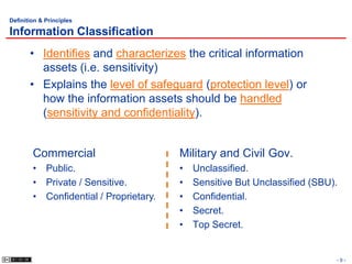 Definition & Principles

Information Classification
       • Identifies and characterizes the critical information
         assets (i.e. sensitivity)
       • Explains the level of safeguard (protection level) or
         how the information assets should be handled
         (sensitivity and confidentiality).


        Commercial                      Military and Civil Gov.
        • Public.                       •   Unclassified.
        • Private / Sensitive.          •   Sensitive But Unclassified (SBU).
        • Confidential / Proprietary.   •   Confidential.
                                        •   Secret.
                                        •   Top Secret.


                                                                            -9-
 