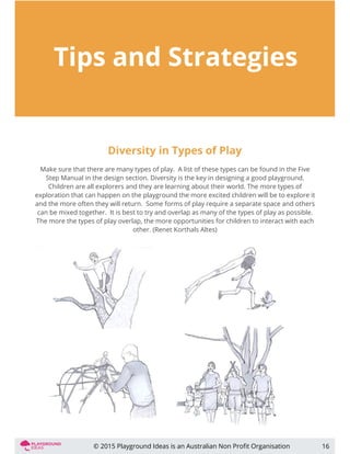 Tips and Strategies
Diversity in Types of Play
Make sure that there are many types of play. A list of these types can be found in the Five
Step Manual in the design section. Diversity is the key in designing a good playground.
Children are all explorers and they are learning about their world. The more types of
exploration that can happen on the playground the more excited children will be to explore it
and the more often they will return. Some forms of play require a separate space and others
can be mixed together. It is best to try and overlap as many of the types of play as possible.
The more the types of play overlap, the more opportunities for children to interact with each
other. (Renet Korthals Altes)
16© 2015 Playground Ideas is an Australian Non Proﬁt Organisation
 
