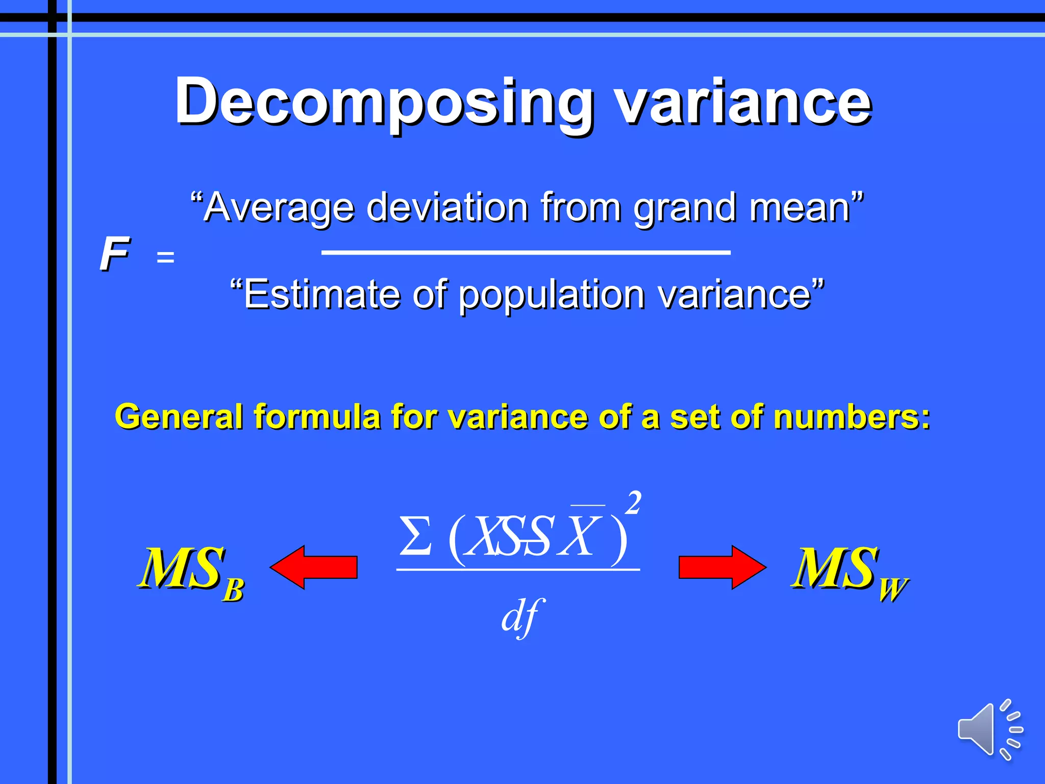 Decomposing variance F   =  “ Average deviation from grand mean” “ Estimate of population variance” General formula for variance of a set of numbers: SS df MS B MS W Σ   ( X – X  ) 2 