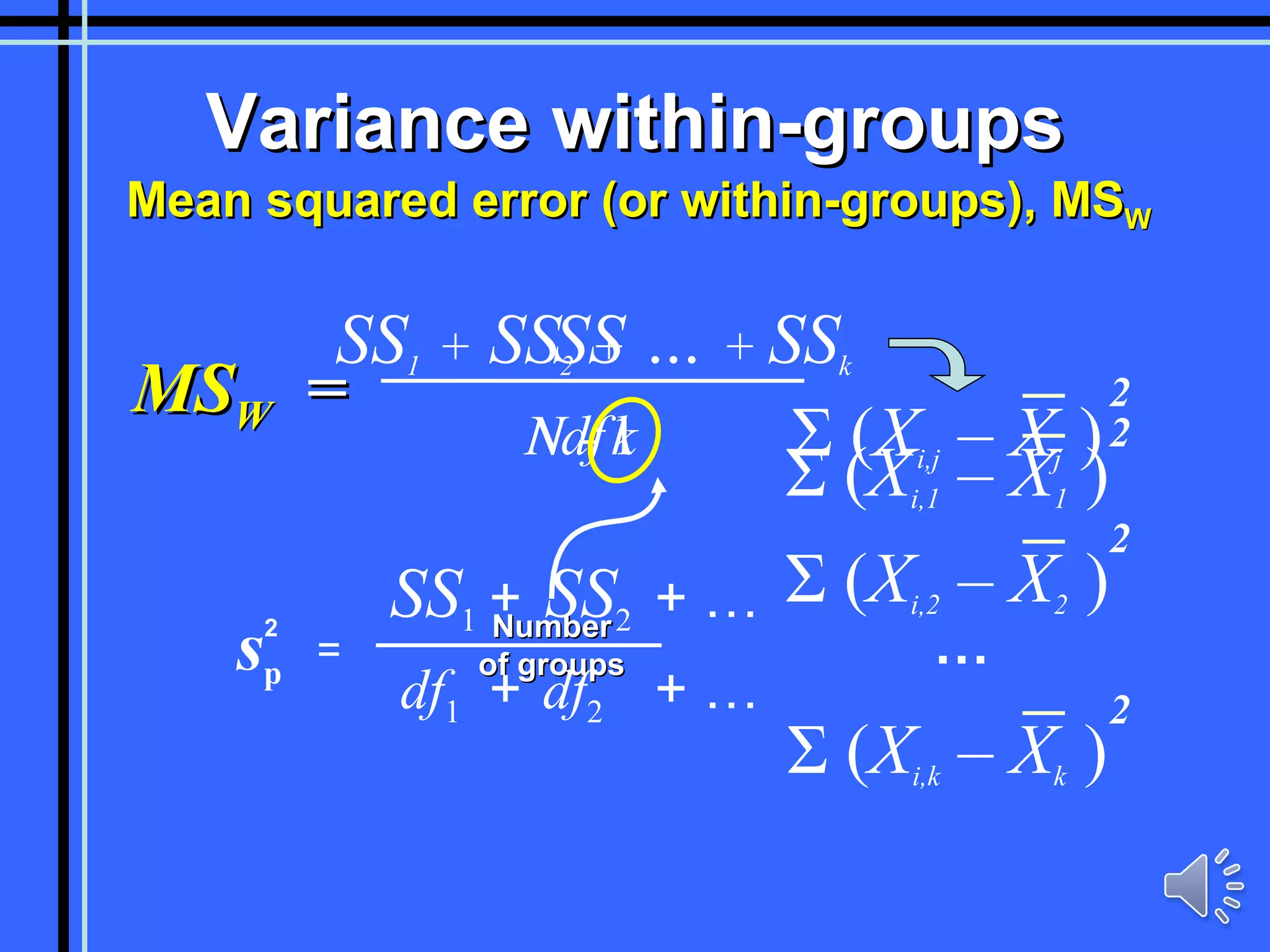Variance within-groups Mean squared error (or within-groups), MS W SS df N -  1 N - k MS W   = SS 1   +  SS 2   +  …  +  SS k Number of groups Σ   ( X i,1  – X 1   ) 2 Σ   ( X i,2  – X 2   ) 2 Σ   ( X i,k  – X k   ) 2 … Σ   ( X i,j  – X j   ) 2 s p 2 = SS 1 SS 2 + df 2 df 1 + + … + … 