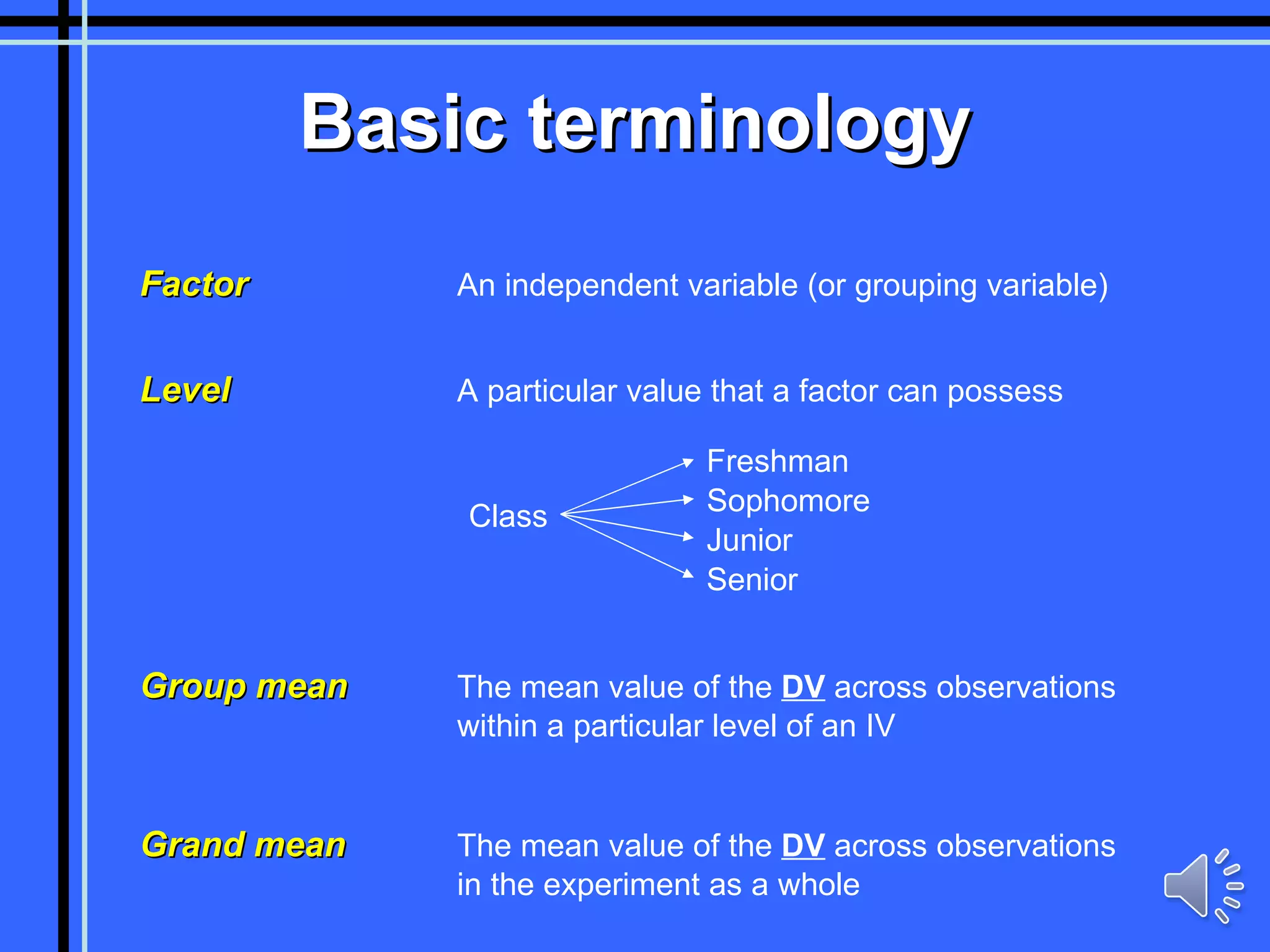 Basic terminology Factor An independent variable (or grouping variable) Level A particular value that a factor can possess Group mean The mean value of the  DV  across observations within a particular level of an IV Class Grand mean The mean value of the  DV  across observations in the experiment as a whole Freshman Sophomore Junior Senior 