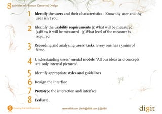 activities of Human Centered Design




             Who we are?
             We are a unique digital agency specialising in user experience research
             and human centred design.
             We have expertise in web, digital TV and mobile devices supporting you from
             initial concepts through prototype to polished design. Our aim is to help you
             create enjoyable products, engaging services and grow compelling experiences
                                products
             - making life for your customers just a little bit better.



              Get in touch
              info@di8it.com
              www.di8it.com
              +44 (0)7 887 80 75 00
              +34 626 94 22 03
              Twitter: www.twitter.com/di8it




                                          www.di8it.com | info@di8it.com | @di8it
 