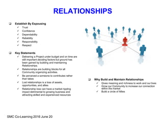 RELATIONSHIPS
 Establish By Espousing
 Trust
 Confidence
 Dependability
 Reliability
 Responsibility
 Respect
 Key Statements
 Delivering a Project under budget and on time are
still important deciding factors but ground has
been gained by building and maintaining
Relationships.
 Relationships are building blocks for all
Community organizing activities.
 Be perceived a someone to contributes rather
than takes
 Lost relationships is a loss of assets,
opportunities, and allies
 Relationship loss can have a market rippling
impact detrimental to growing business and
attracting skilled and experienced resources
SMC Co-Learning 2016 June 20
 Why Build and Maintain Relationships
 Gives meaning and richness to work and our lives
 Grow our Community to increase our connection
within the market
 Build a circle of Allies
 