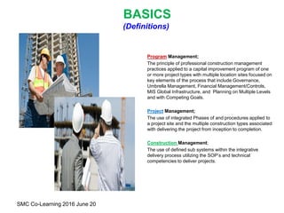 BASICS
(Definitions)
Program Management;
The principle of professional construction management
practices applied to a capital improvement program of one
or more project types with multiple location sites focused on
key elements of the process that include Governance,
Umbrella Management, Financial Management/Controls,
MIS Global Infrastructure, and Planning on Multiple Levels
and with Competing Goals.
Project Management;
The use of integrated Phases of and procedures applied to
a project site and the multiple construction types associated
with delivering the project from inception to completion.
Construction Management;
The use of defined sub systems within the integrative
delivery process utilizing the SOP’s and technical
competencies to deliver projects.
SMC Co-Learning 2016 June 20
 