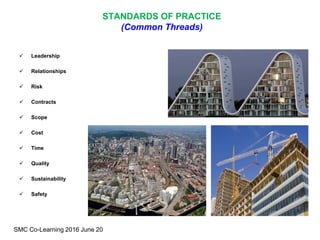  Leadership
 Relationships
 Risk
 Contracts
 Scope
 Cost
 Time
 Quality
 Sustainability
 Safety
STANDARDS OF PRACTICE
(Common Threads)
SMC Co-Learning 2016 June 20
 