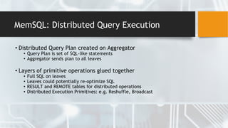 MemSQL: Distributed Query Execution
• Distributed Query Plan created on Aggregator
• Query Plan is set of SQL-like statements
• Aggregator sends plan to all leaves
• Layers of primitive operations glued together
• Full SQL on leaves
• Leaves could potentially re-optimize SQL
• RESULT and REMOTE tables for distributed operations
• Distributed Execution Primitives: e.g. Reshuffle, Broadcast
 